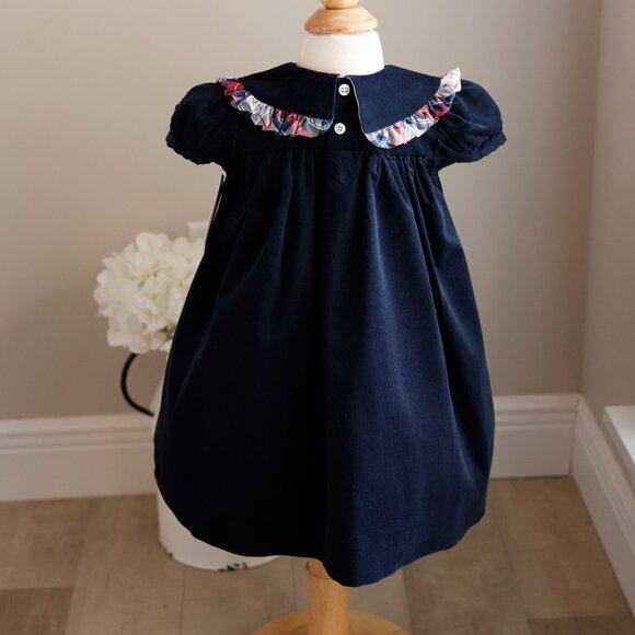 Navy 100% Cotton Corduroy Float Dress Plaid Trim Bailey Boys Boutique NWT - Picture 4 of 4
